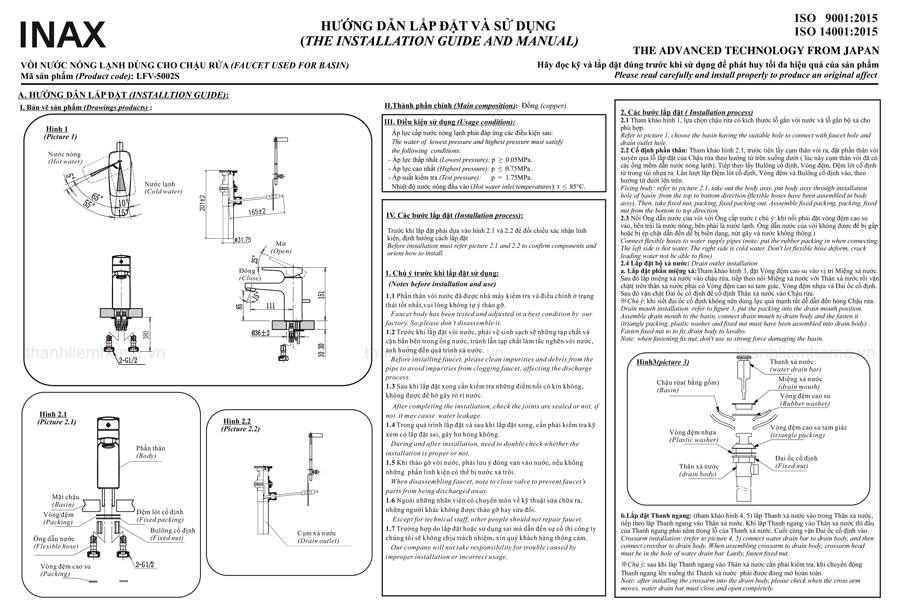 huong dan lap dat va su dung voi rua nong lanh inax lfv-5002s