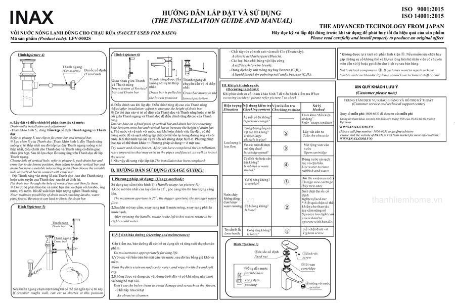 huong dan lap dat va su dung voi rua nong lanh inax lfv-5002s
