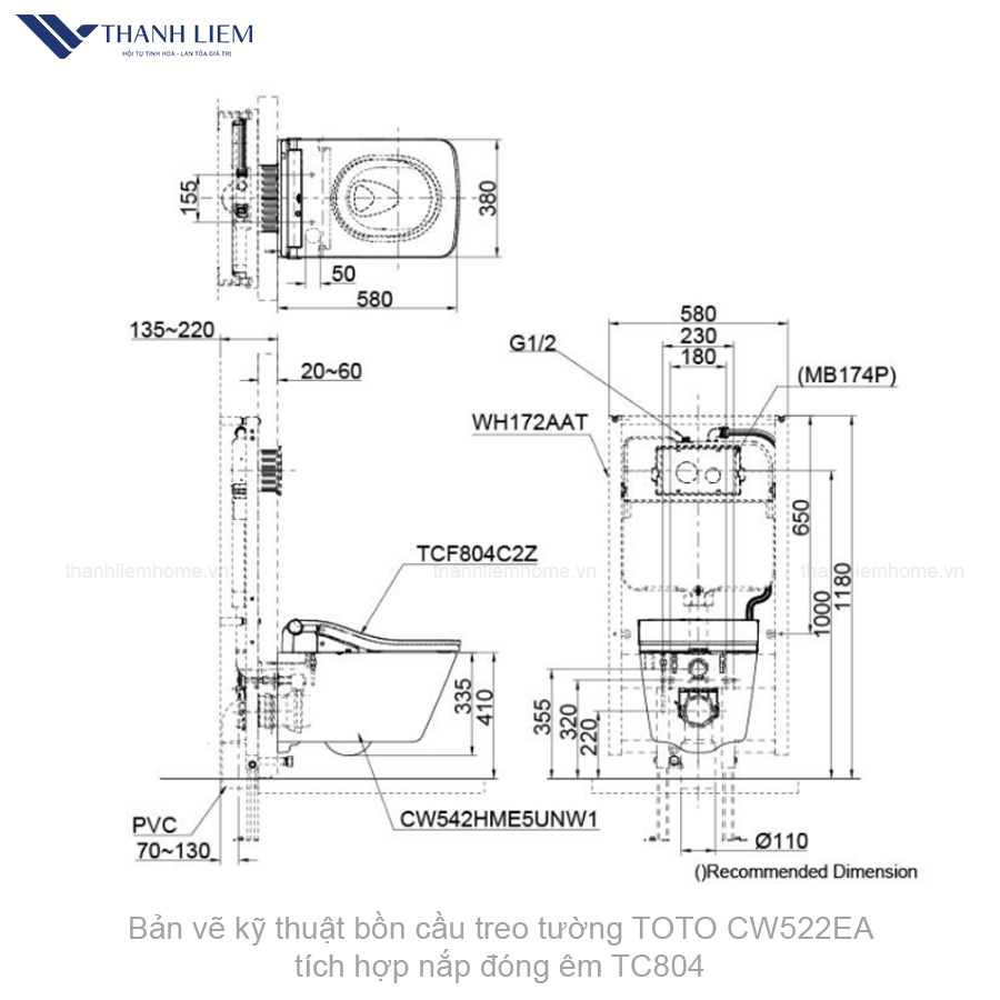 bon cau treo tuong toto cw522ea tich hop nap dong em tc804