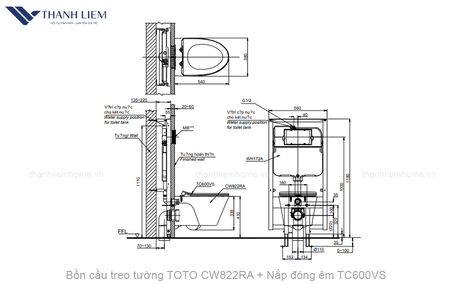 bon cau treo tuong toto cw822ra + nap dong em tc600vs
