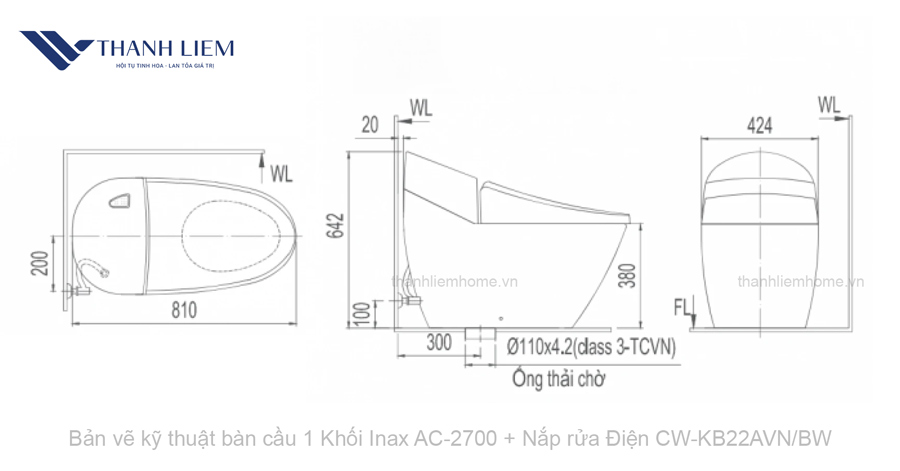 ban cau 1 khoi inax ac-2700 + nap rua dien cw-kb22avn