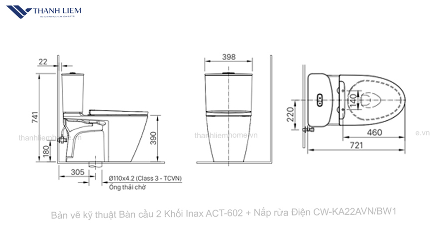 ban cau 2 khoi inax ac-602 + nap rua dien CW-KA22AVNBW1