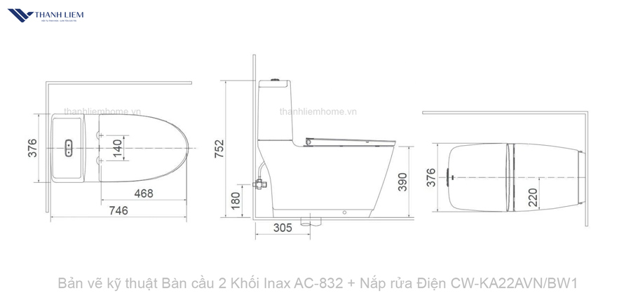ban cau 2 khoi inax ac-832 + nap rua dien CW-KA22AVNBW1
