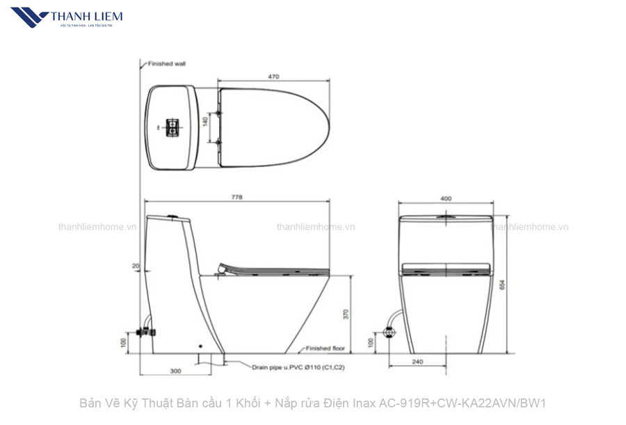 bon cau 1 khoi + nap rua dien tu Inax AC-919R+CW-KA22AVNBW1