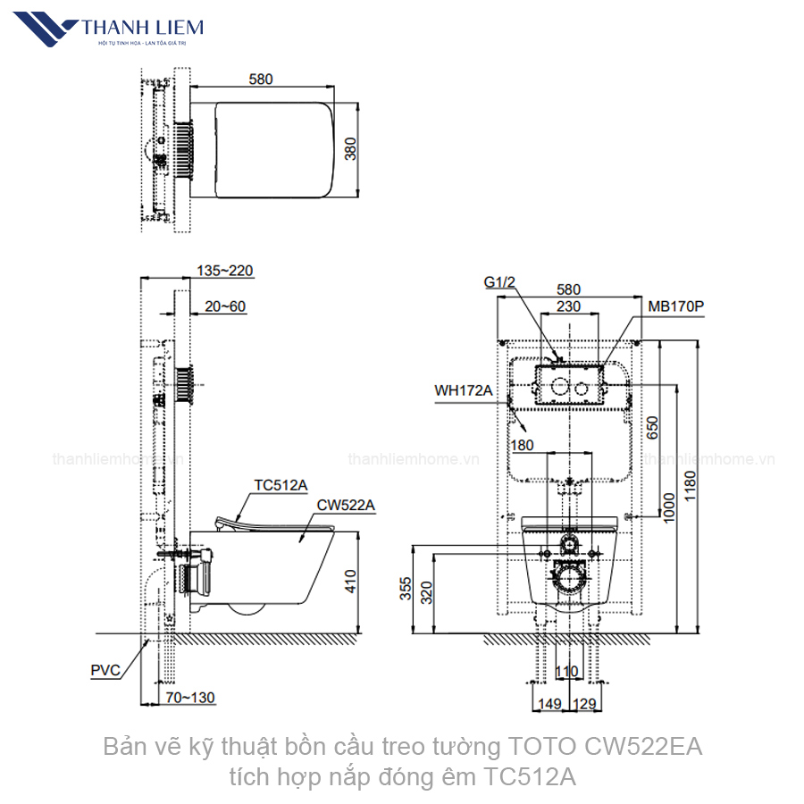 bon cau treo tuong toto cw522ea tich hop nap dong em tc512a
