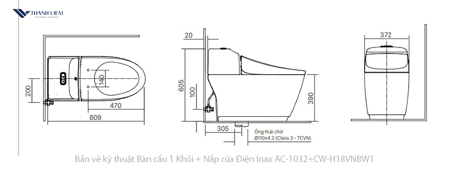 bon cau 1 khoi inax ac-1032 + nap rua dien cw-h18vn