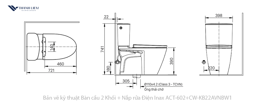 bon cau 2 khoi inax act-602 + nap rua dien cw-kb22avn