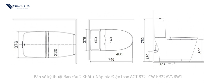 bon cau 2 khoi inax act-832 + nap rua dien cw-kb22avn