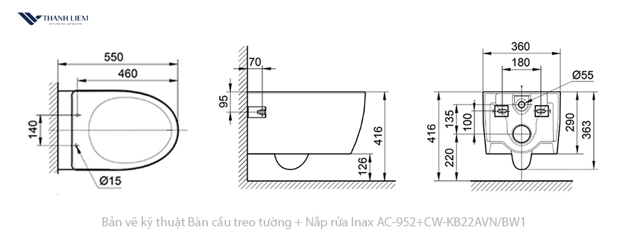 bon cau treo tuong inax ac-952 + nap rua dien cw-kb22avn