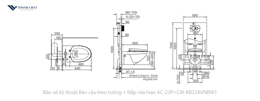 bon cau treo tuong inax ac23p + nap rua dien cw-kb22avn