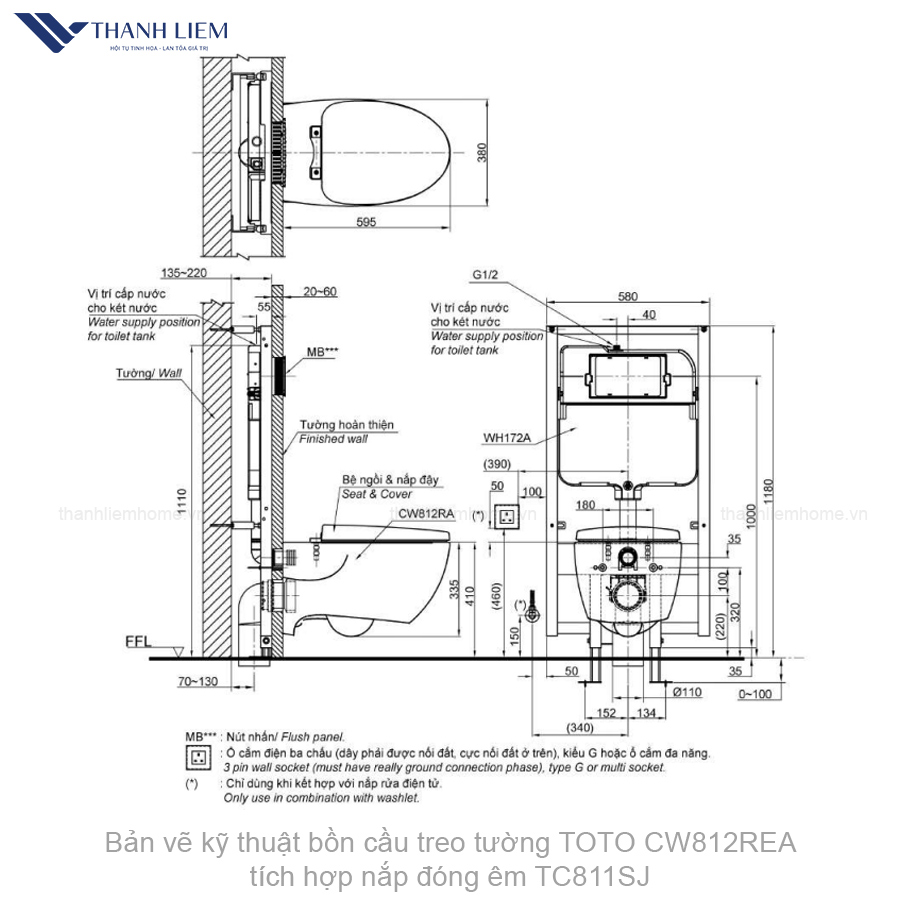 bon cau treo tuong toto cw812rea tich hop nap dong em tc811sj