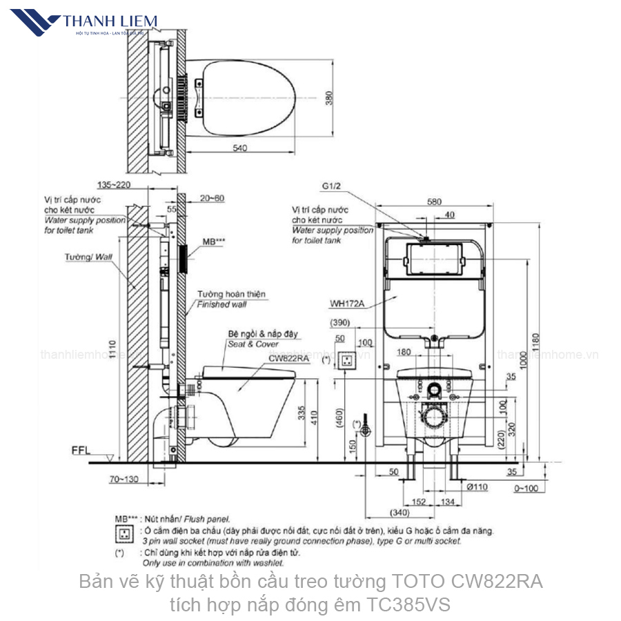 bon cau treo tuong toto cw822ra kem nap dong em tc385vs