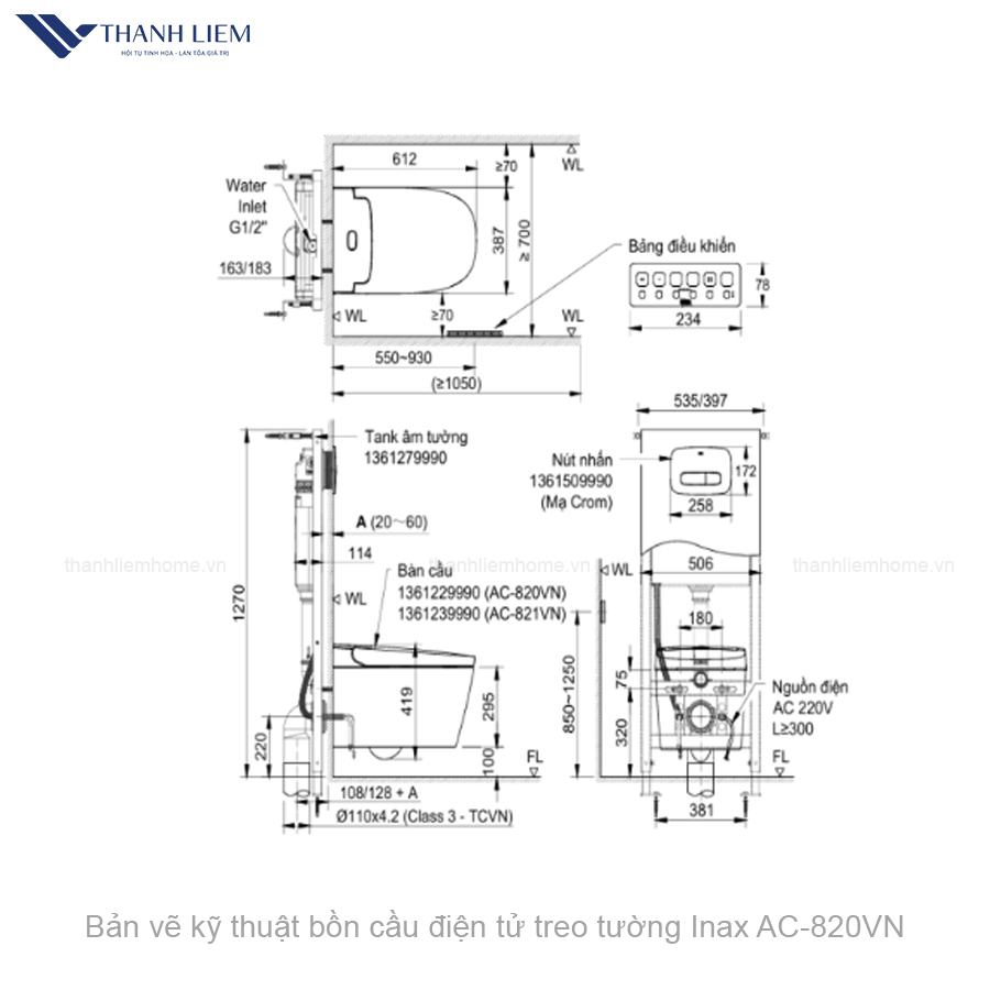 ban ve ky thuat bon cau dien tu treo tuong inax ac-820vn