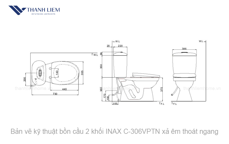 bon cau 2 khoi inax c306vptn nap em thoat ngang