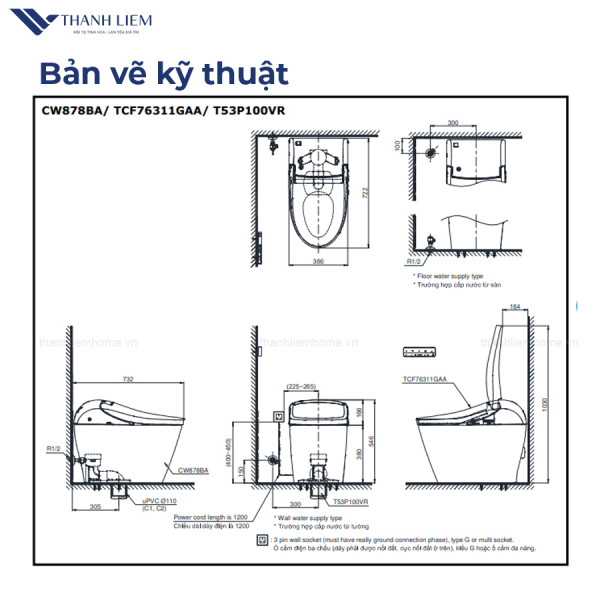 ban ve ky thuat bon cau thong minh Washlet G5A TOTO CW878BA ket hop nap rua dien WASHLET TCS76311GAA va ong noiT53P100VS