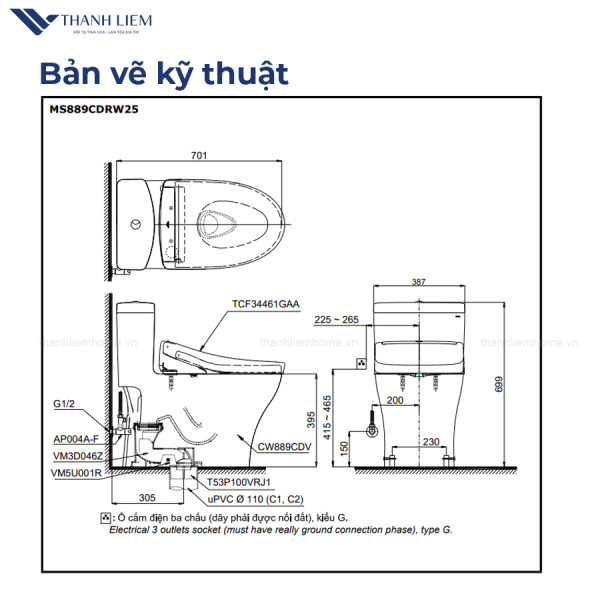 ban ve ky thuat bon cau thong minh Washlet G5A TOTO MS889CDRW25 ket hop nap rua dien WASHLET S5 TCF34461GAA